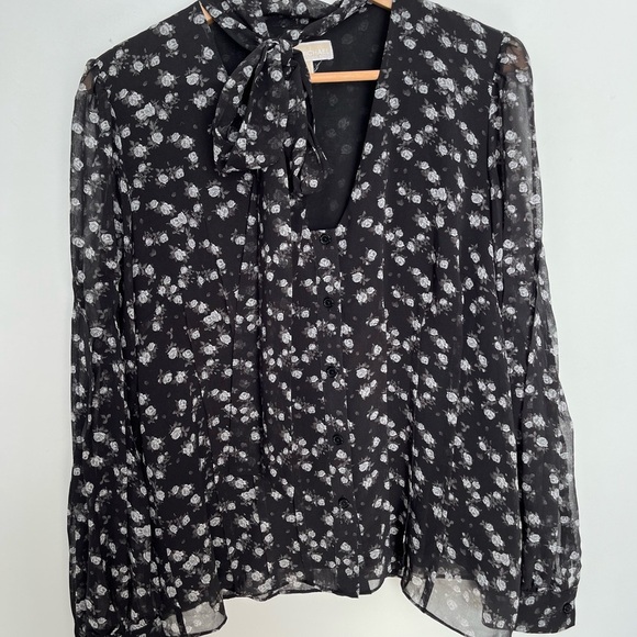 Michael Kors bow neck Floral Black Blouse size large - Picture 2 of 5